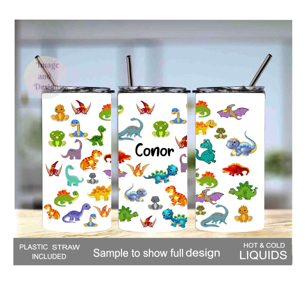 Kids Dinosaur Tumbler 15oz With Reusable Straw, Can Be Personalized