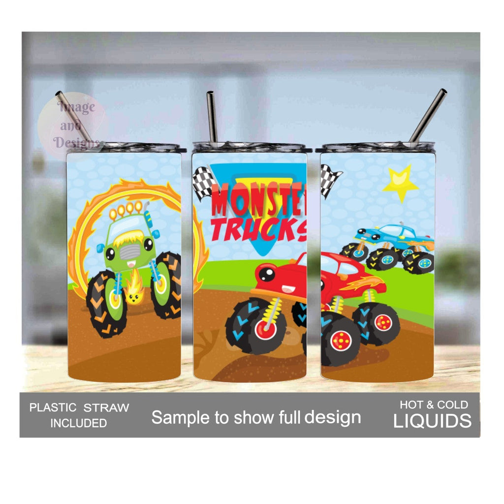 Kids Monster Truck Tumbler 15oz With Reusable Straw, Can Be Personalized
