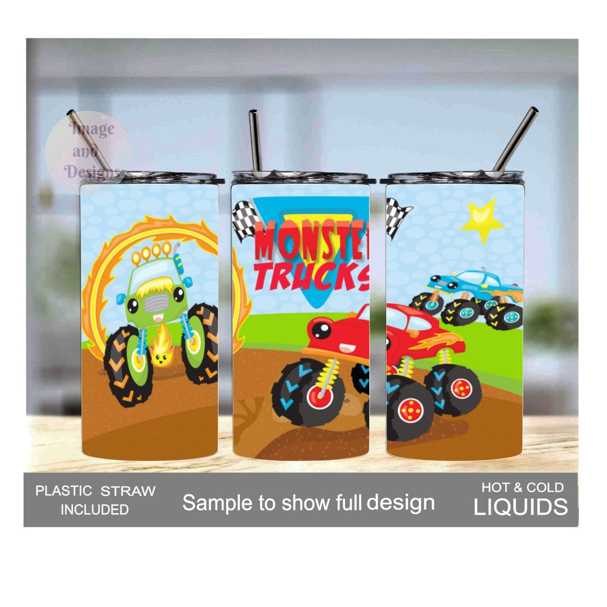 Kids Monster Truck Tumbler 15oz With Reusable Straw, Can Be Personalized