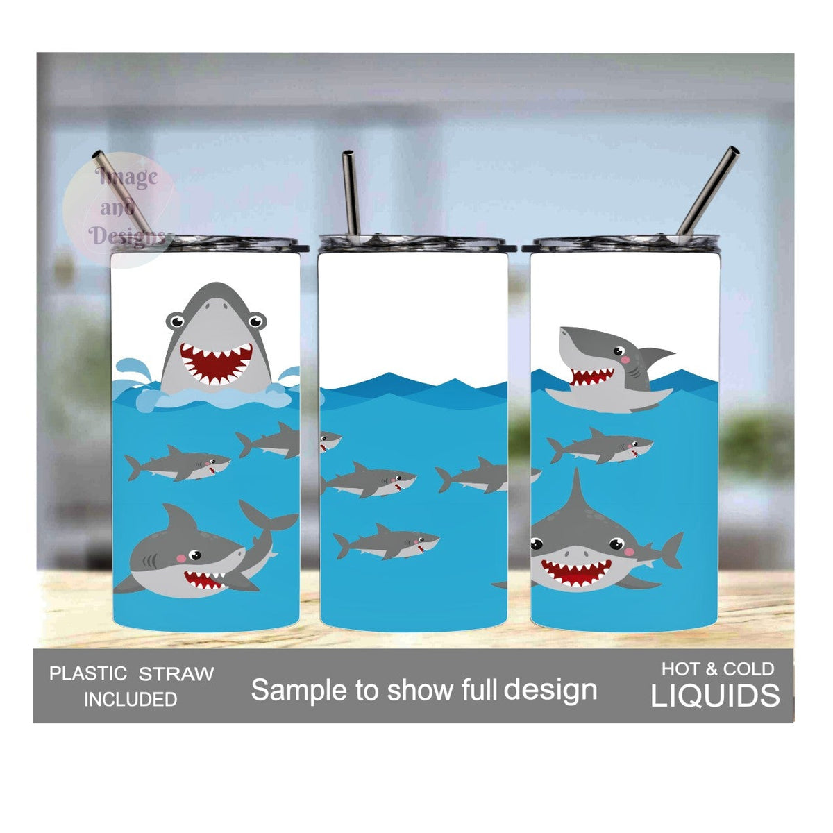Kids Shark Tumbler 15oz With Reusable Straw, Can Be Personalized