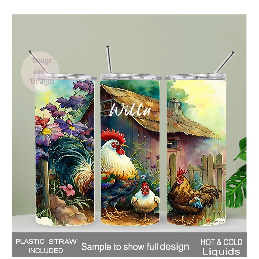 Chicken & Rooster Tumbler 20oz With Reusable Straw, Can Be Personalized