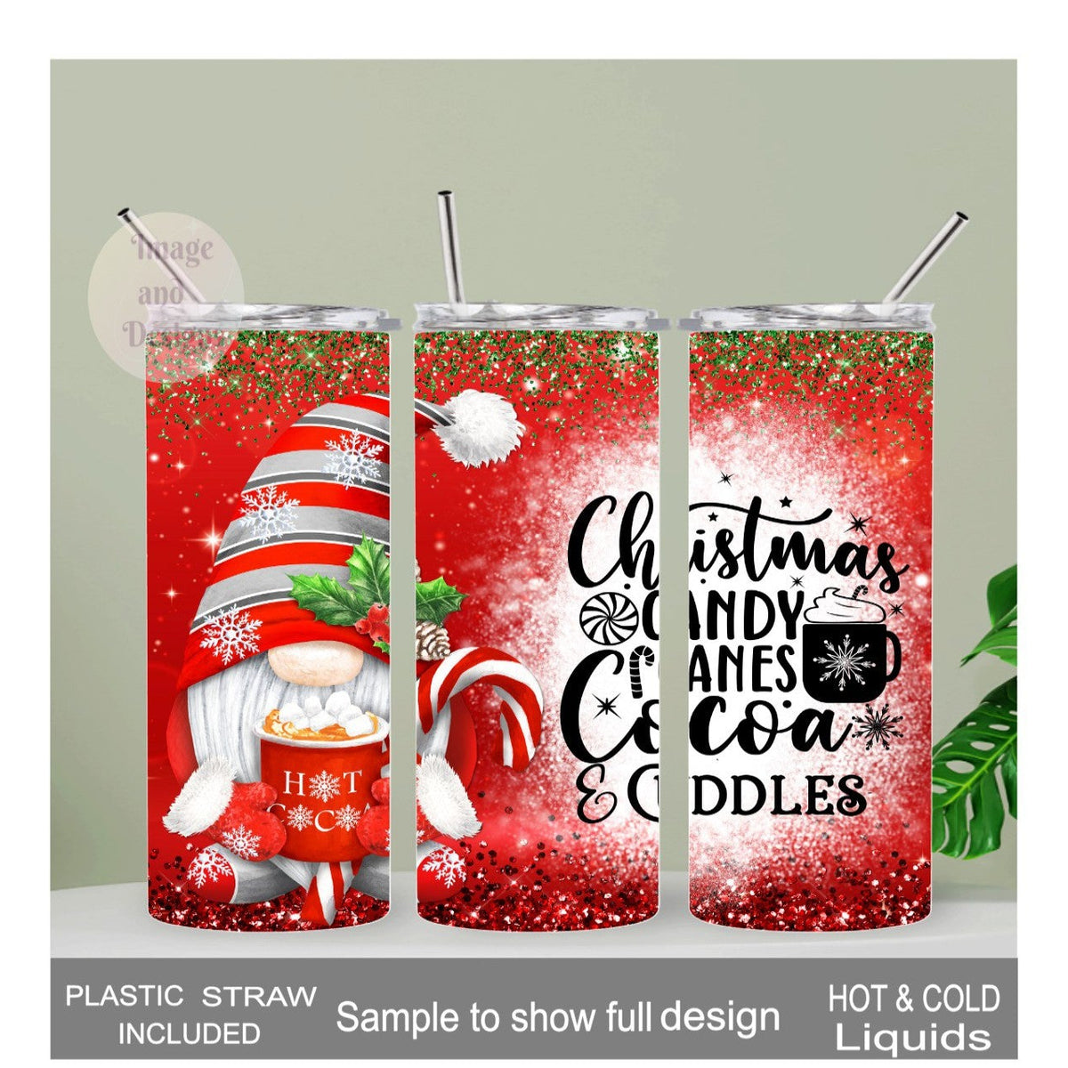 Christmas Candy Canes Cocoa and Cuddles Gnome Tumbler 20oz With Reusable Straw, Can Be Personalized