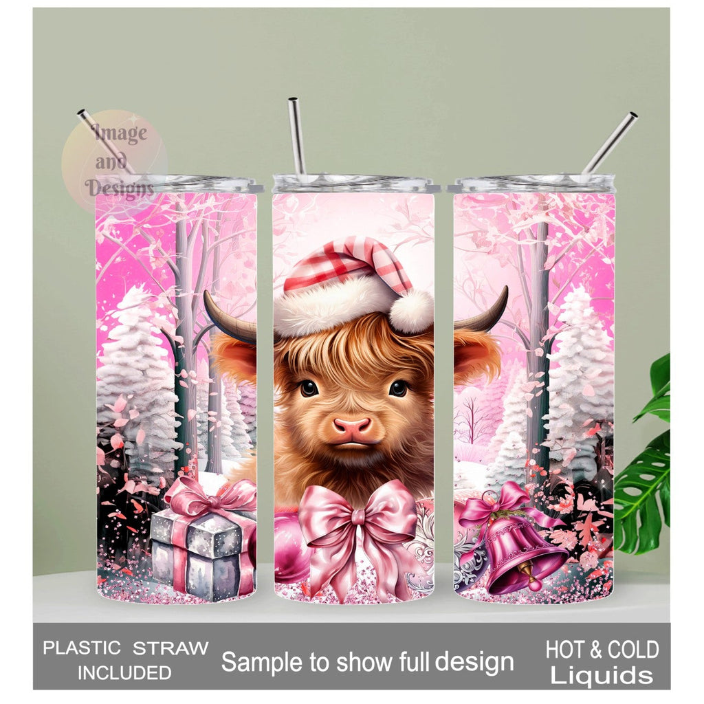 Christmas Highland Cow Tumbler 20oz With Reusable Straw, Can Be Personalized