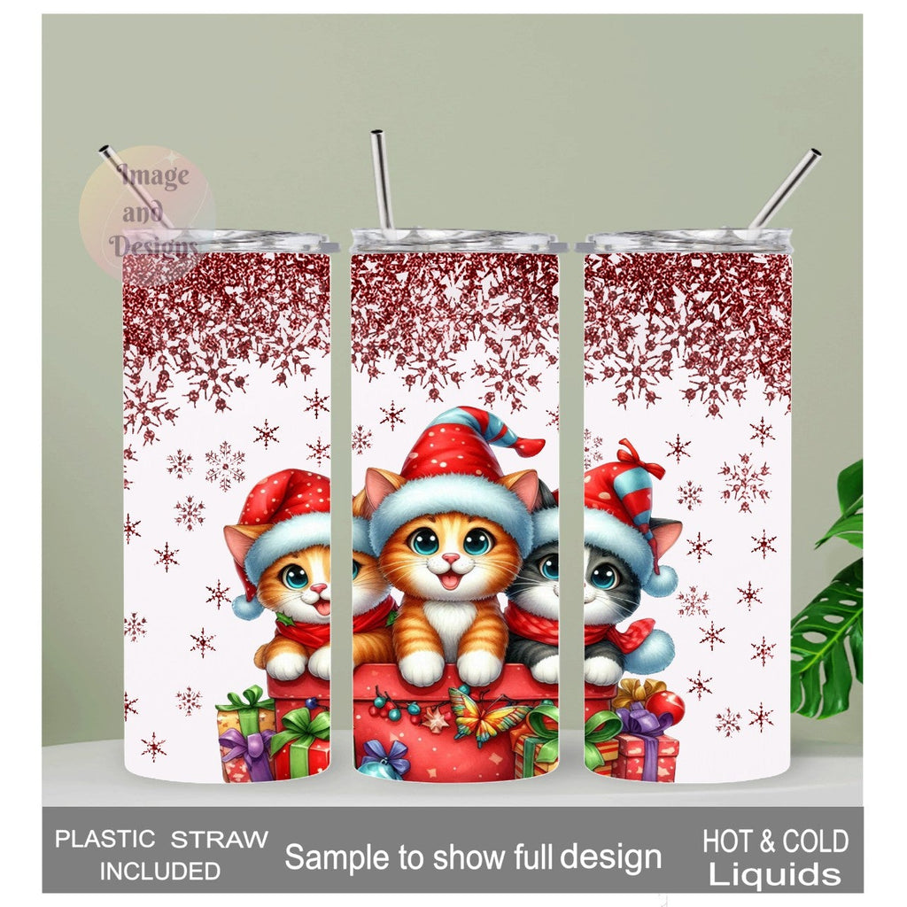Christmas Kitten Tumbler 20oz With Reusable Straw, Can Be Personalized