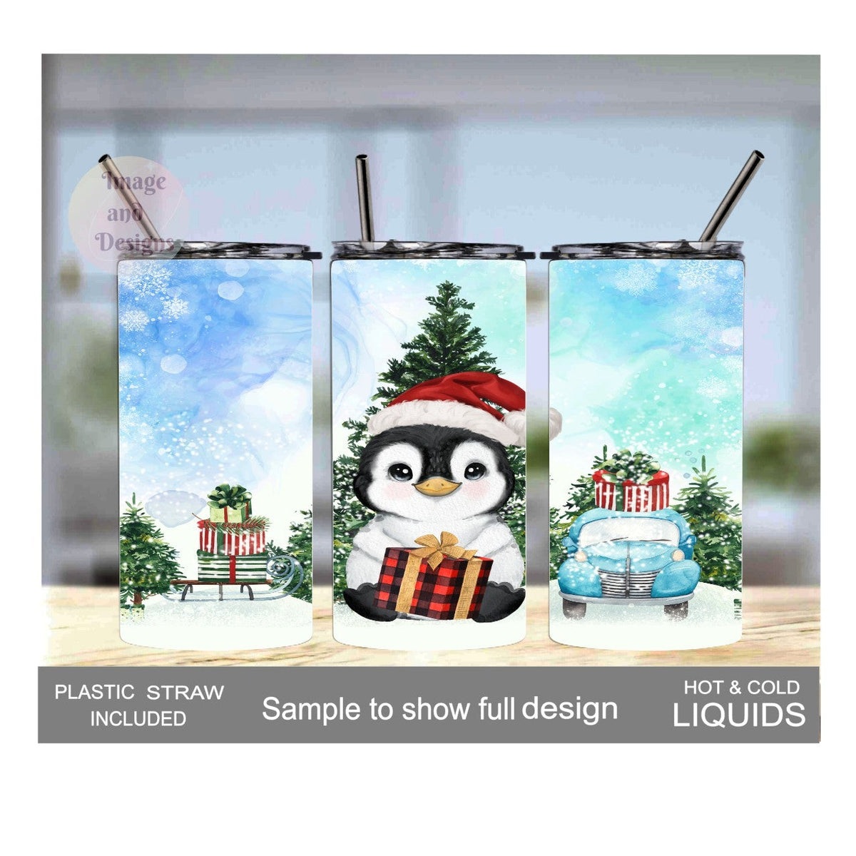 Kids Christmas Penguin Tumbler 15oz With Reusable Straw, Can Be Personalized