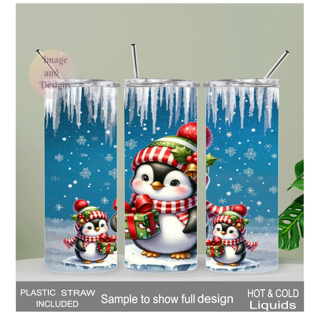 Christmas Penguin Tumbler 20oz With Reusable Straw, Can Be Personalized