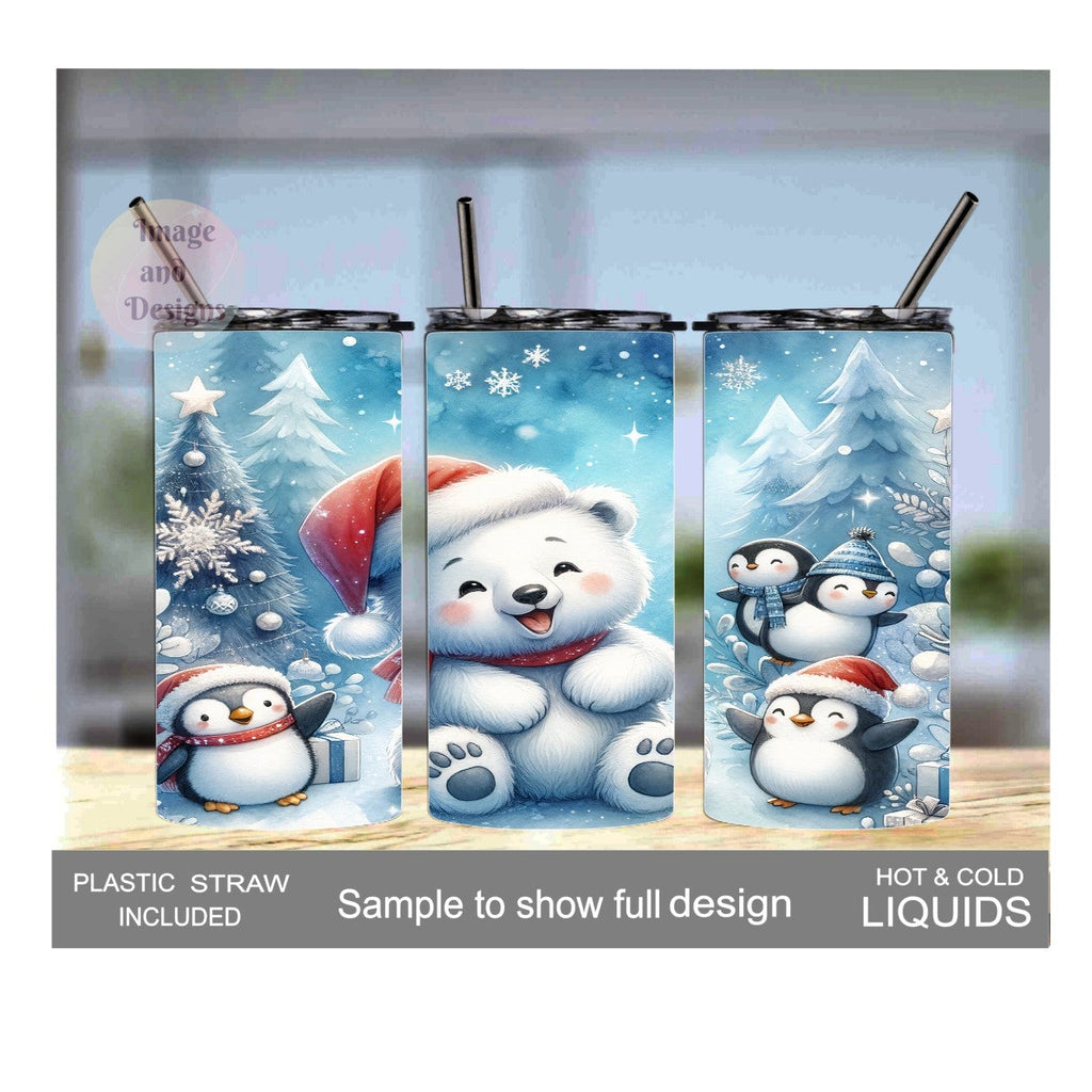 Cute Kids Christmas Polar Bear Tumbler 15oz With Reusable Straw, Can Be Personalized