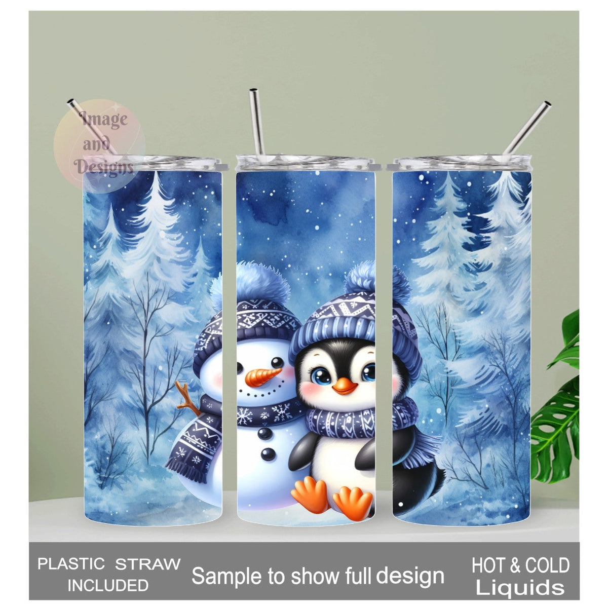 Festive Snowman and Penguin Tumbler 20oz With Reusable Straw, Can Be Personalized