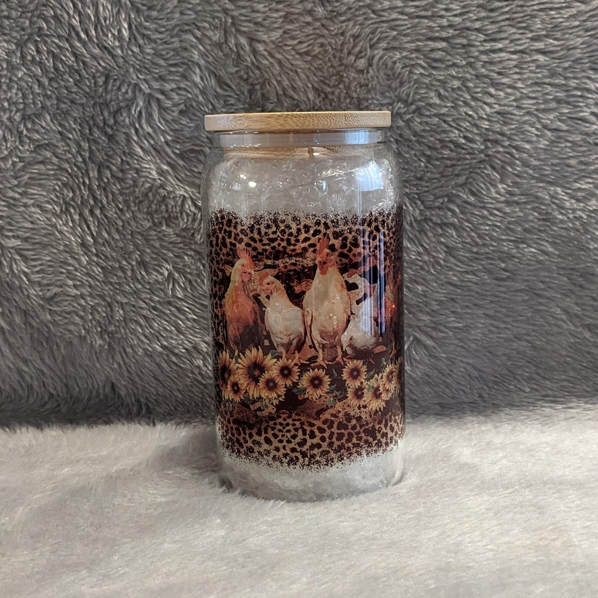 Chicken Glass 16oz Clear With Bamboo Lid And AReusable Straw
