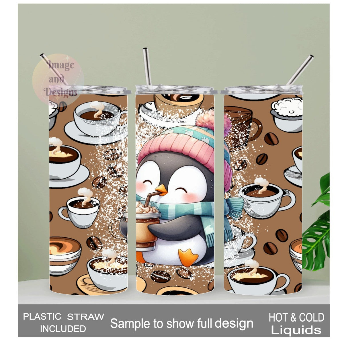 Coffee Penguin Tumbler 20oz With Reusable Straw, Can Be Personalized