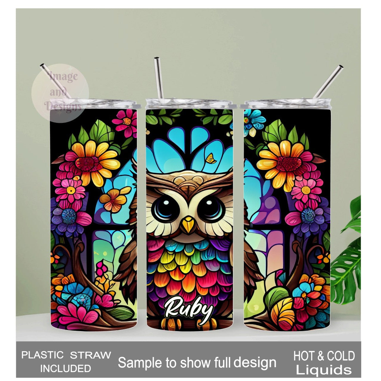Owl Tumbler With Stained Glass Design 20oz With Reusable Straw, Can Be Personalized