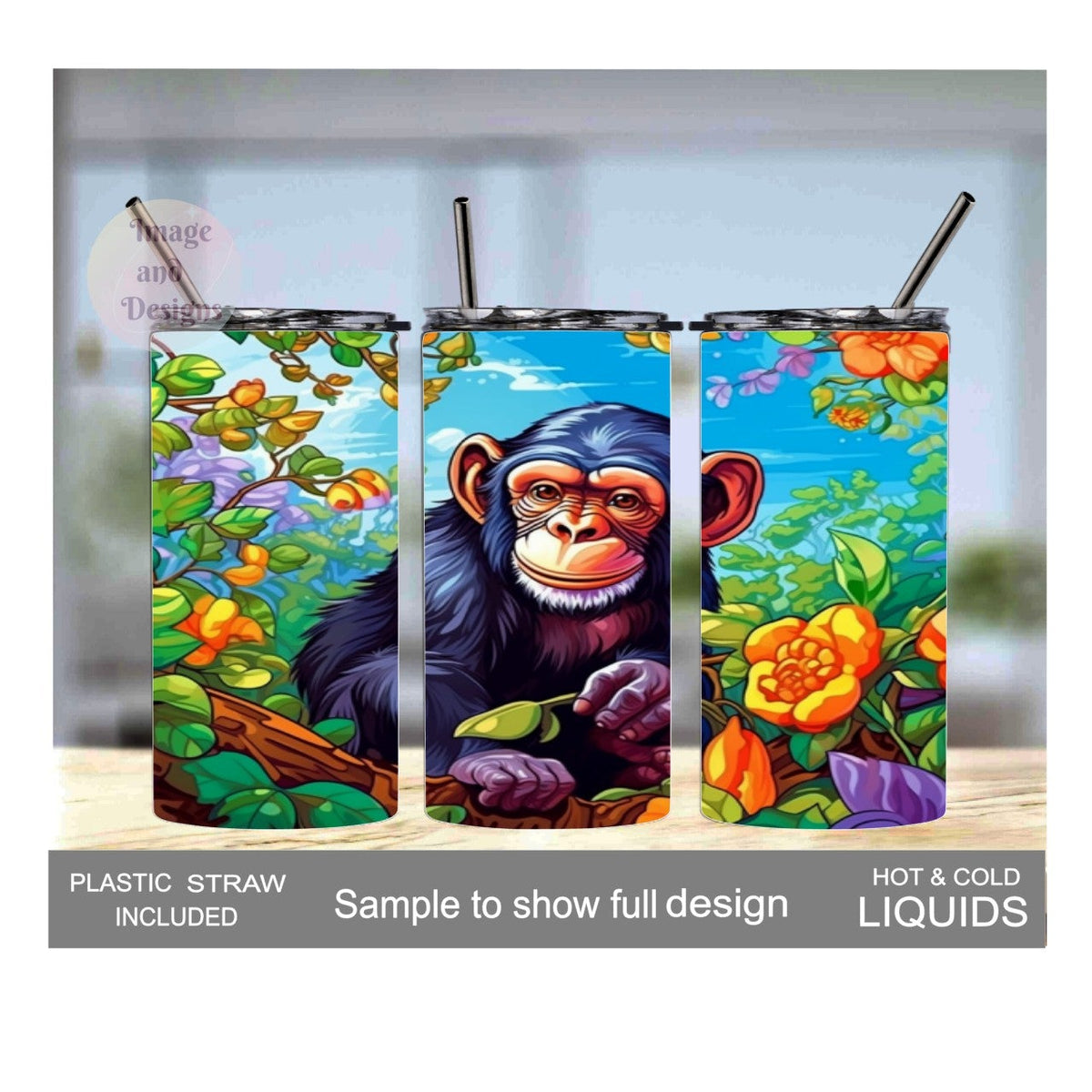Kids Chimpanzee Tumbler 15oz With Reusable Straw, Can Be Personalized