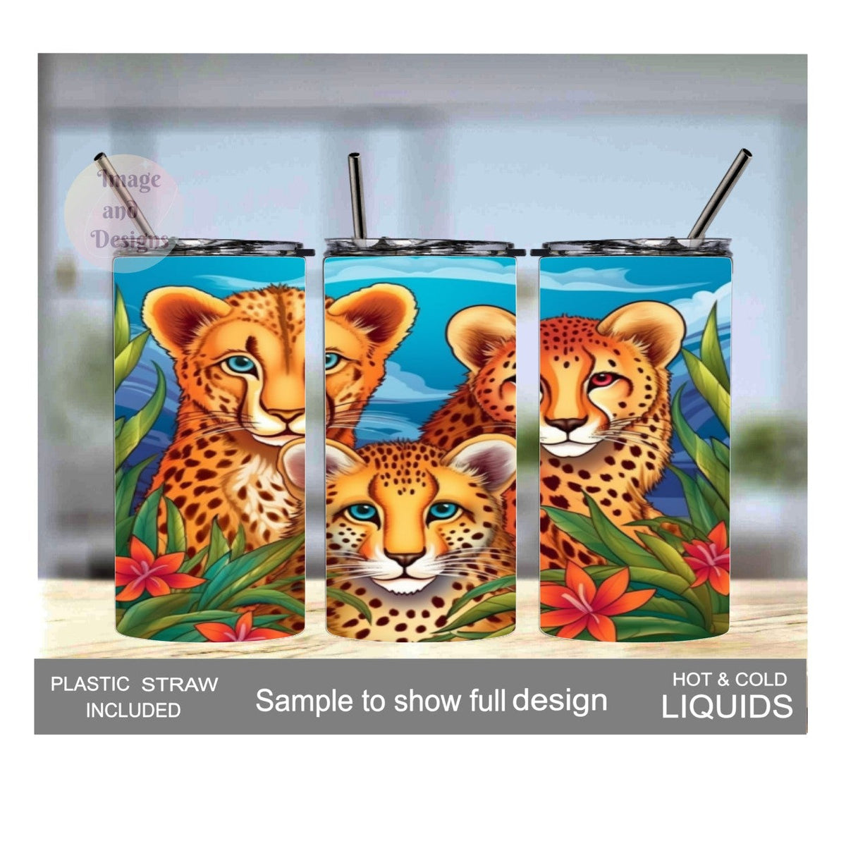 Leopard Family Tumbler for Kids 15oz With Reusable Straw, Can Be Personalized