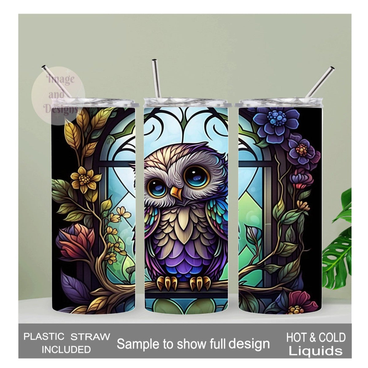 Beautiful Owl Tumbler With A Stained Glass Design 20oz With Reusable Straw, Can Be Personalized