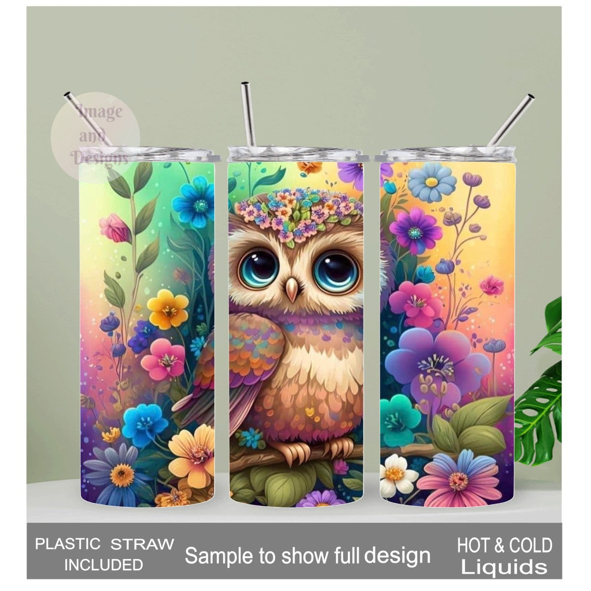 Beautiful Floral Owl Tumbler 20oz With Reusable Straw, Can Be Personalized