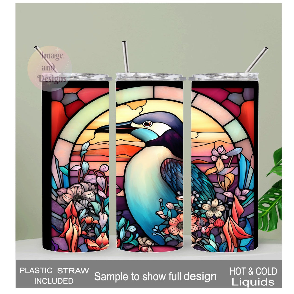 Penguin Tumbler with Stained Glass Design 20oz With Reusable Straw, Can Be Personalized