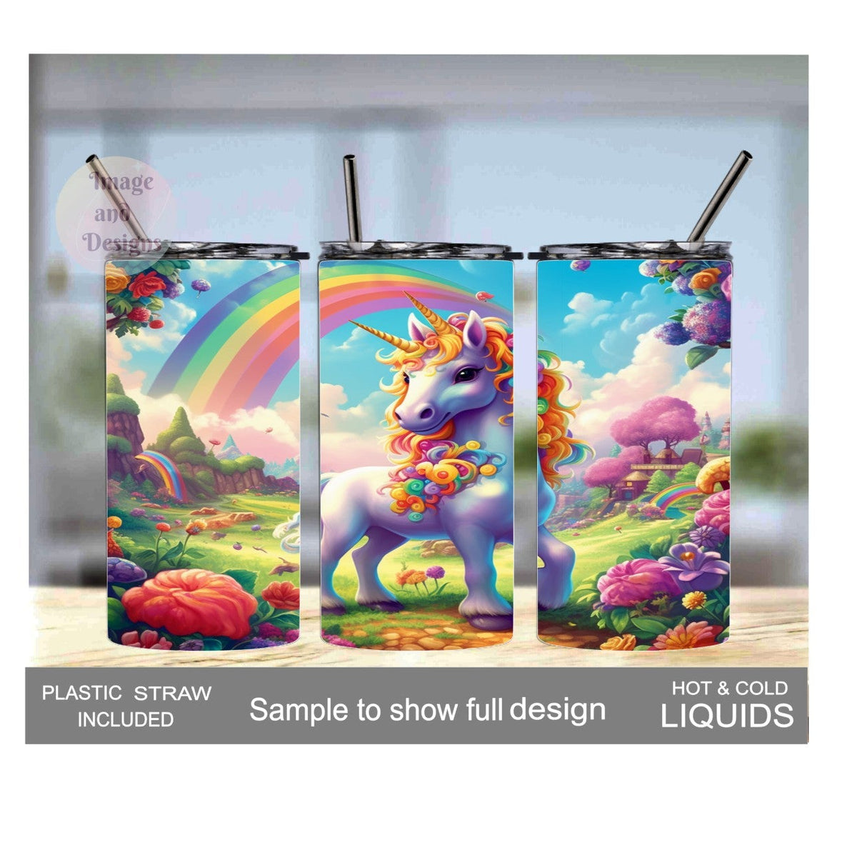 Colorful Kids Unicorn Tumbler 15oz With Reusable Straw, Can Be Personalized