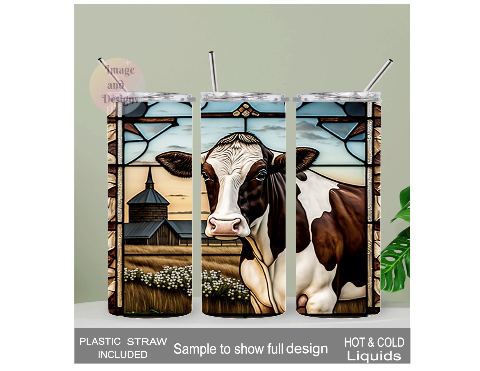 Holstein Cow Tumbler With A Stained Glass Design 20oz With Reusable Straw, Can Be Personalized