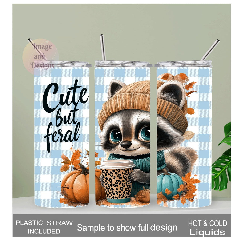 Cute But Feral Raccoon 20oz With Reusable Straw, Can Be Personalized