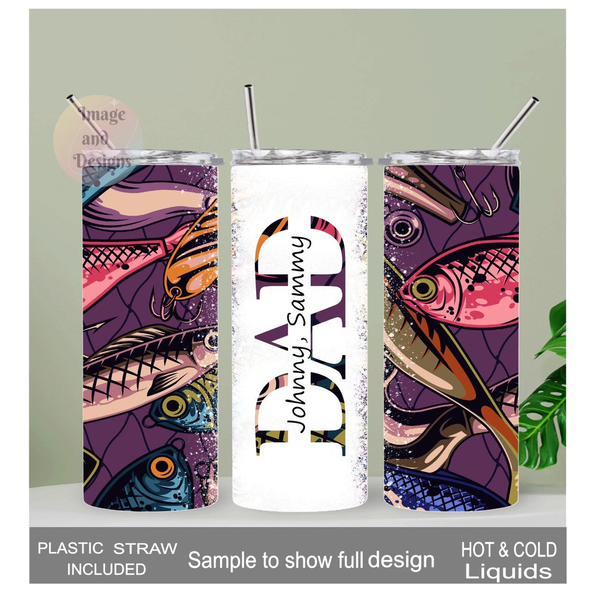 Dad Fishing Lure Tumbler With Children's Names Added In The Word Dad 20oz With Reusable Straw, Can Be Personalized
