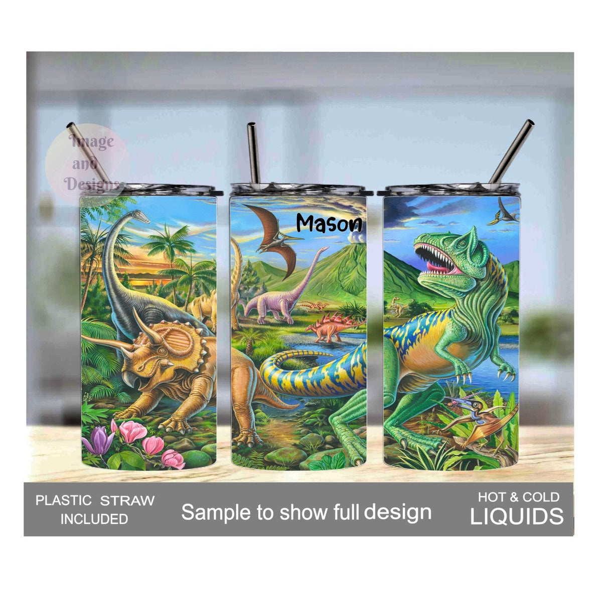 Kids Dinosaur Tumbler 15oz With Reusable Straw, Can Be Personalized