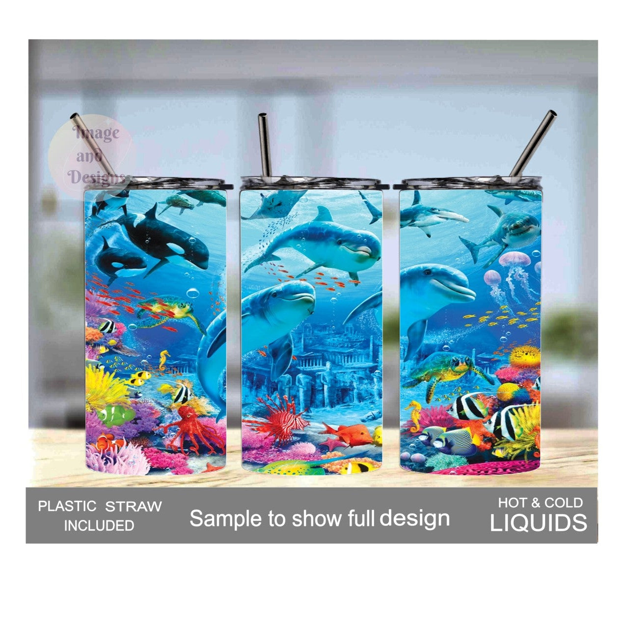 Dolphin Tumbler 15oz With Reusable Straw, Can Be Personalized