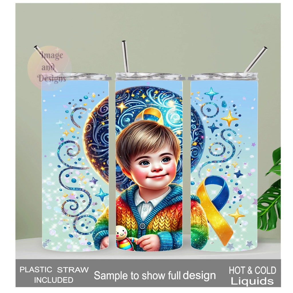 Down Syndrome Awareness Boy Tumbler 20oz With Reusable Straw, Can Be Personalized