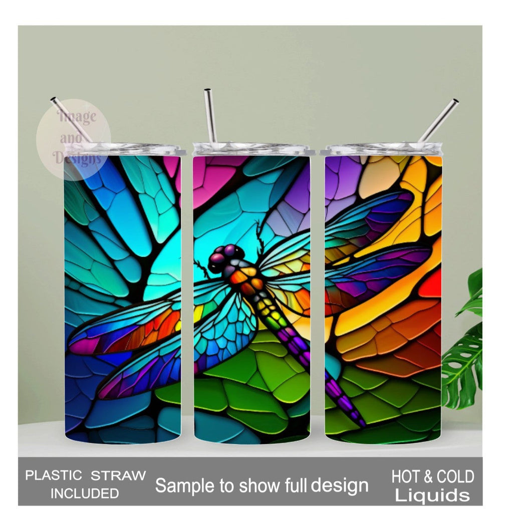 Dragonfly Tumbler With A Stained Glass Design 20oz With Reusable Straw Can Be Personalized