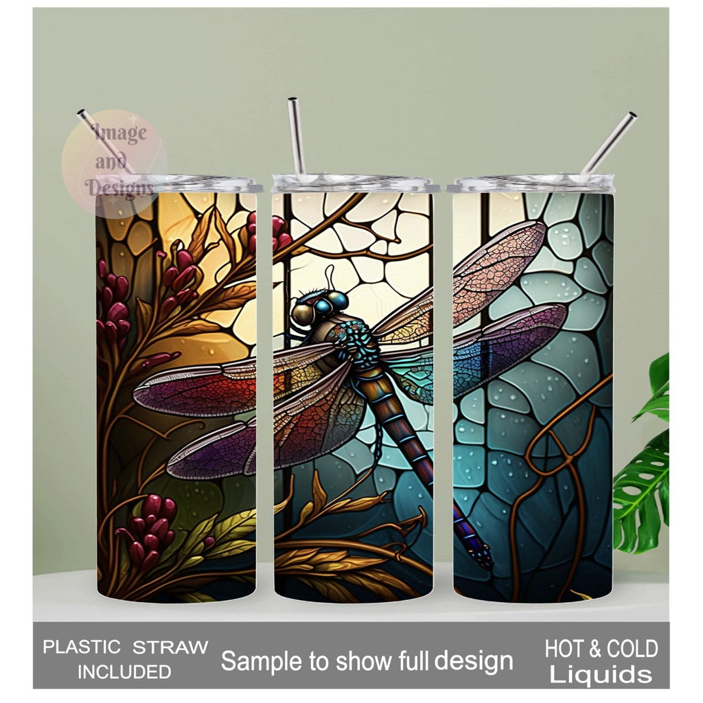 Dragonfly Tumbler With A Stained Glass Design 20oz With Reusable Straw, Can Be Personalized