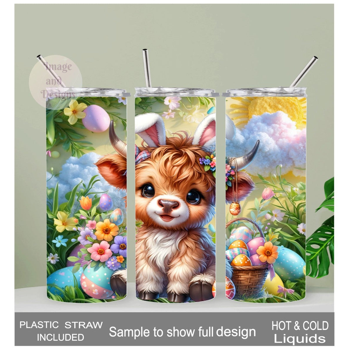 Easter Highland Cow Tumbler 20oz With Reusable Straw, Can Be Personalized