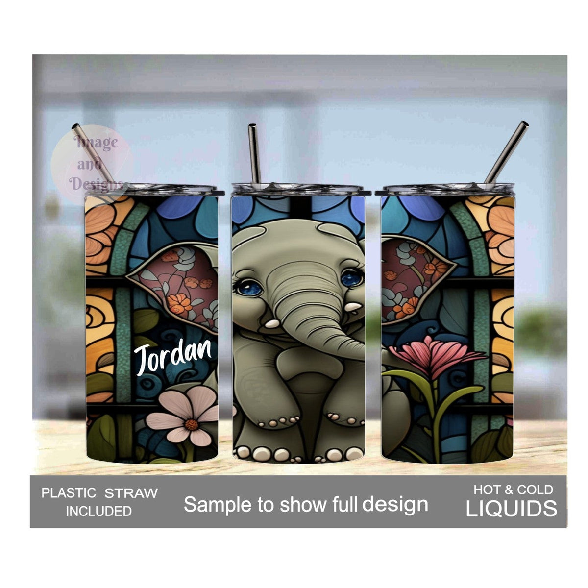 Colorful Kids Elephant Tumbler 15oz With Reusable Straw, Can Be Personalized