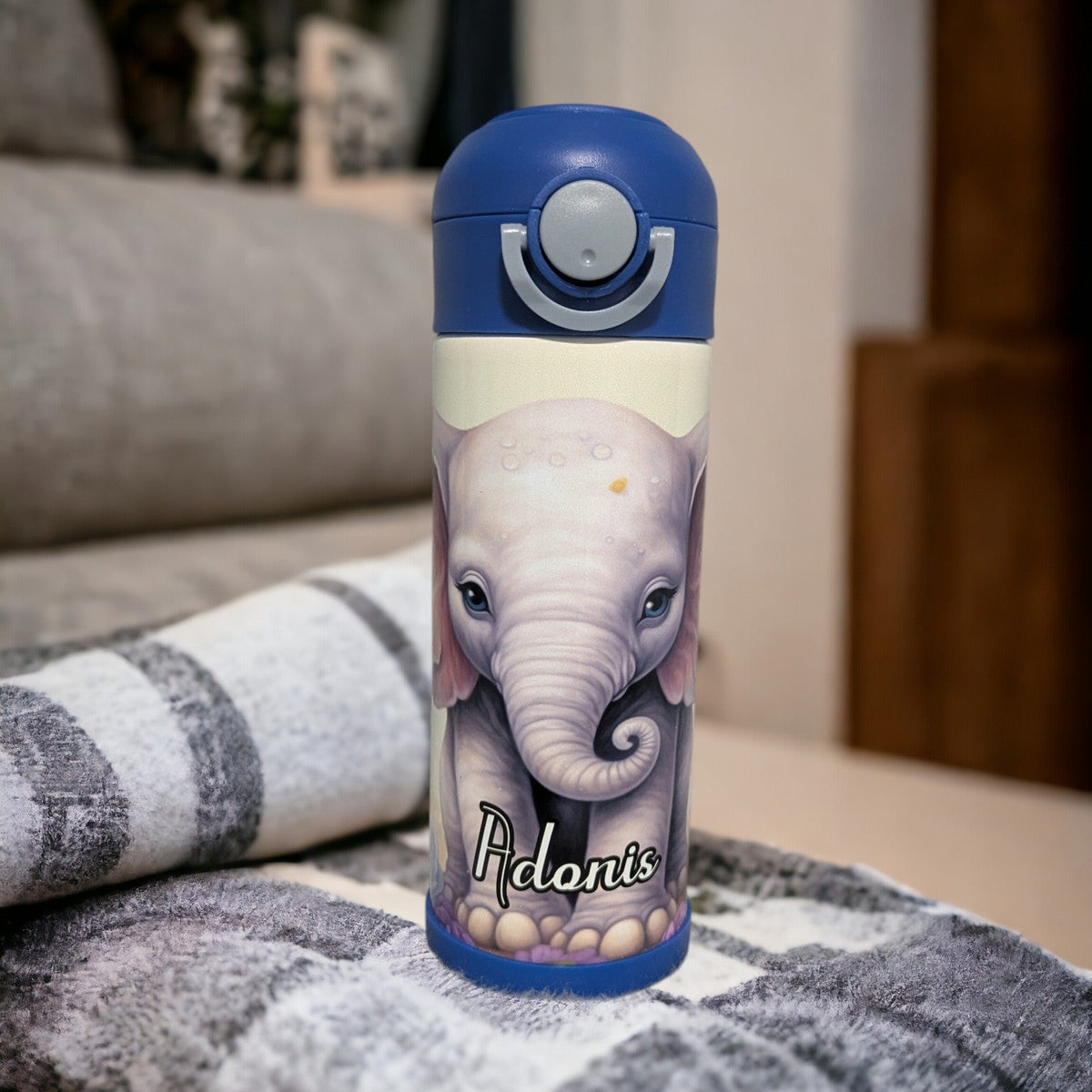 Kids Elephant Water Bottle 12oz With Reusable Straw Can Be Personalized