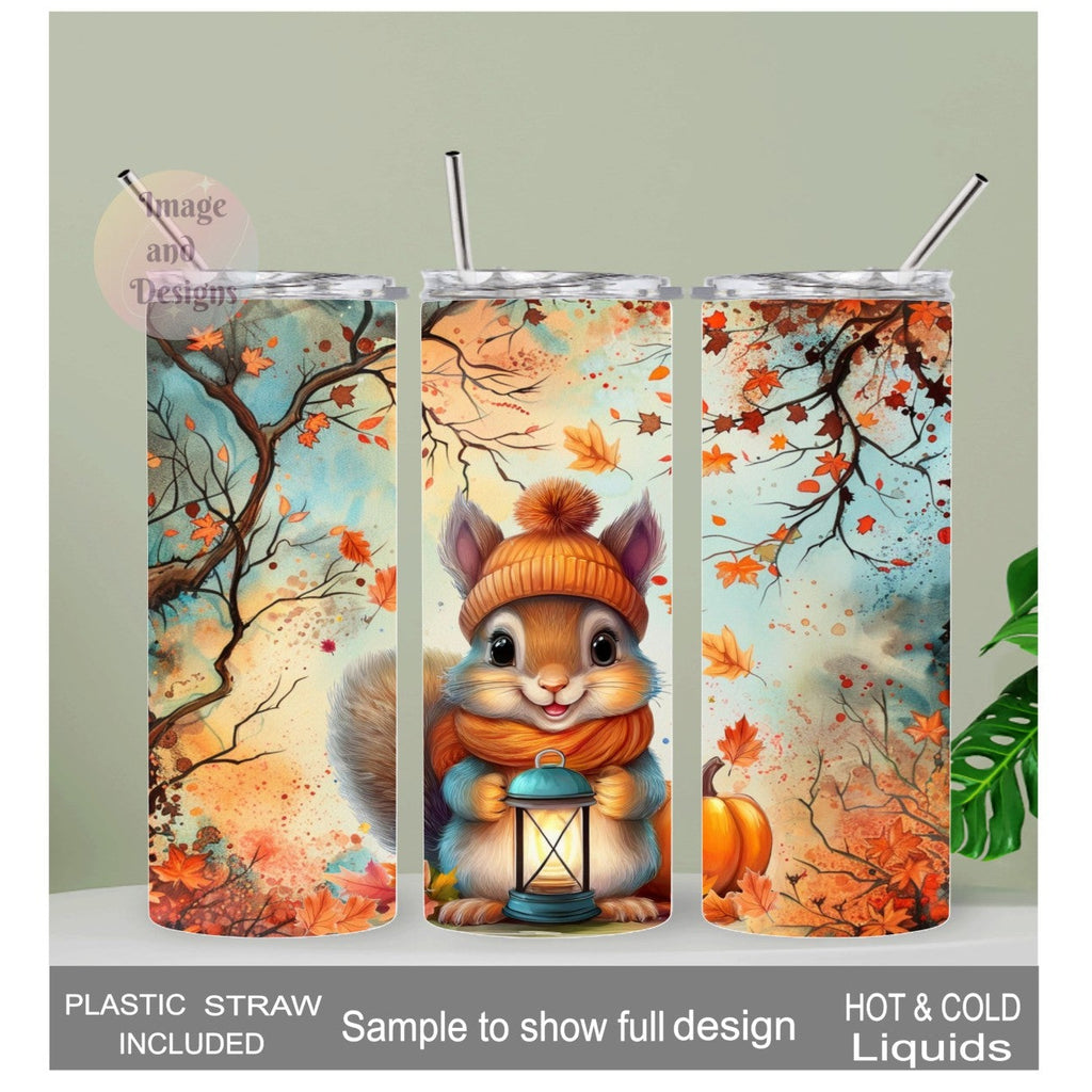 Squirrel Tumbler with Autumn Leaves 20oz With Reusable Straw, Can Be Personalized