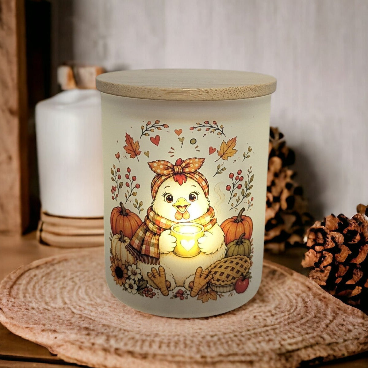 Fall Chicken Candle Holder With A Battery Operated Flickering Tea Light