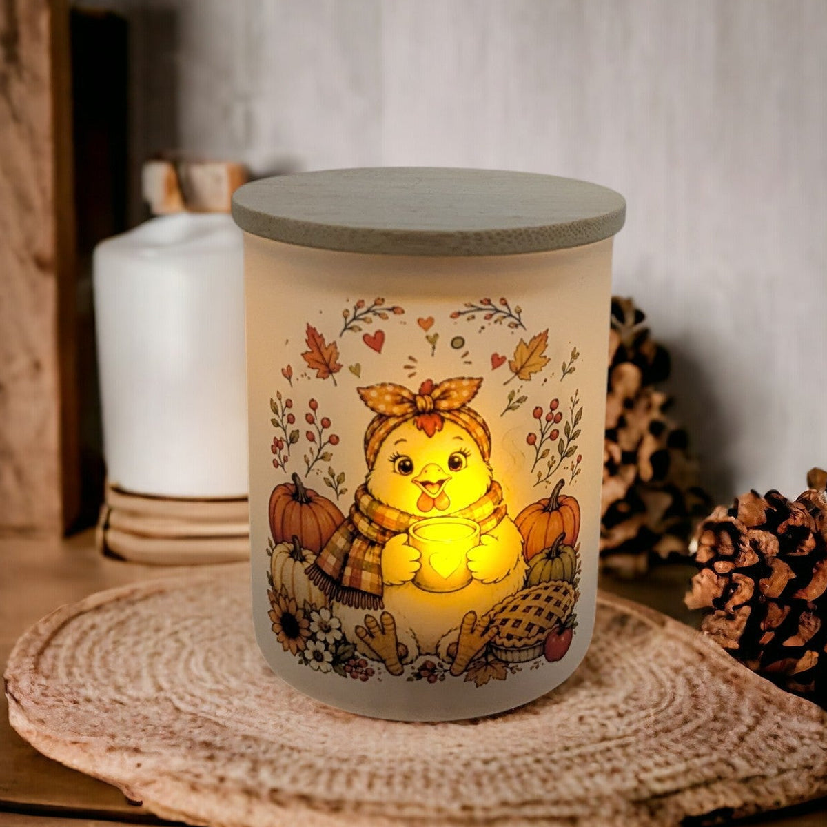 Fall Chicken Candle Holder With A Battery Operated Flickering Tea Light