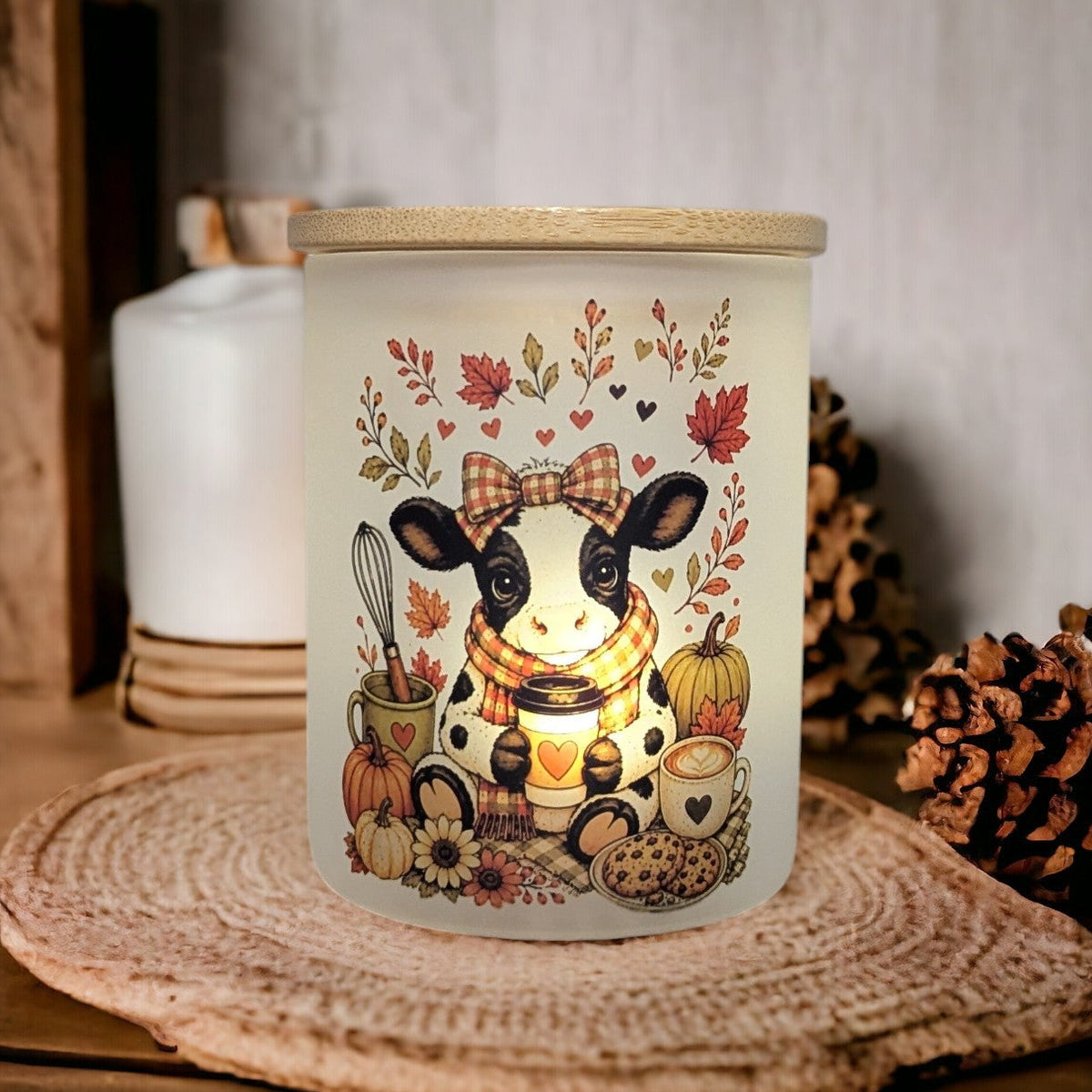Fall Cow Candle Holder With A Battery Operated Flickering Tea Light