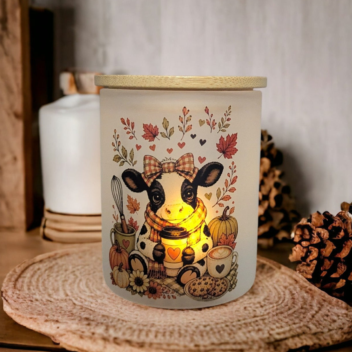 Fall Cow Candle Holder With A Battery Operated Flickering Tea Light