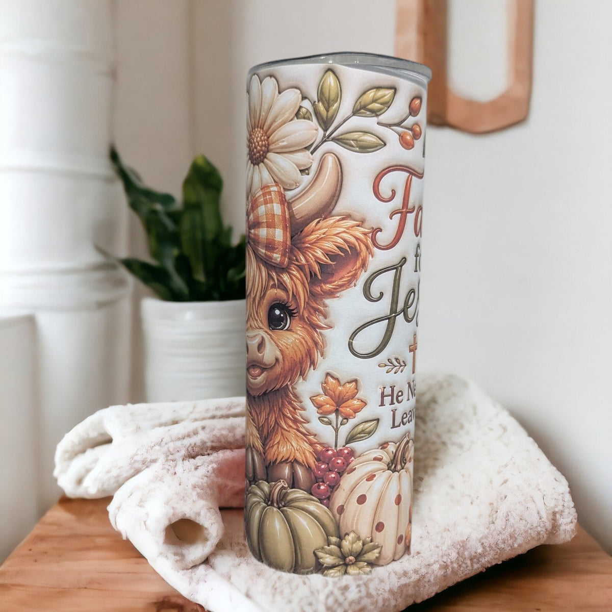 Fall for Jesus Highland Cow Tumbler 20oz With Reusable Straw - 3D Design