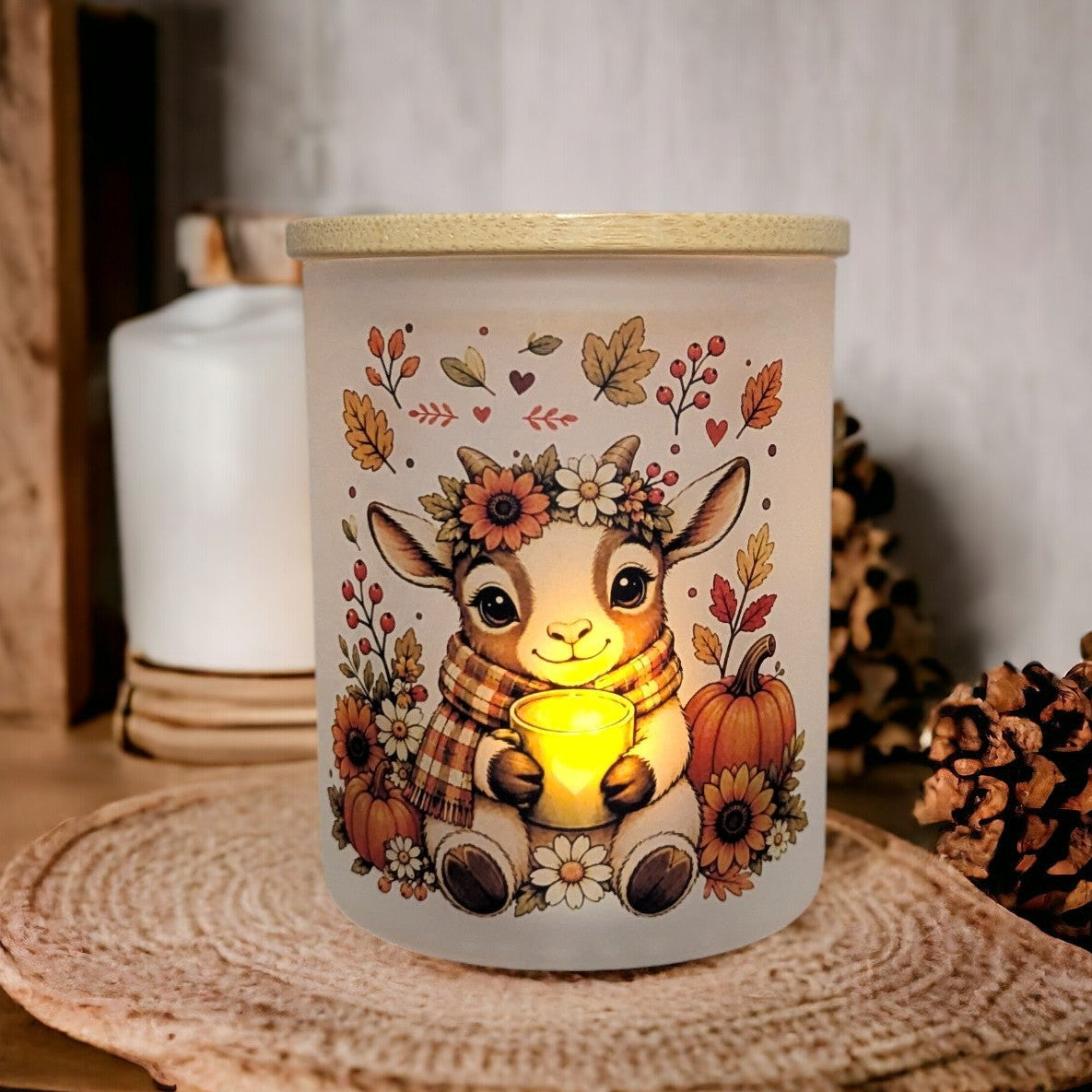 Fall Goat Candle Holder With A Battery Operated Flickering Tea Light