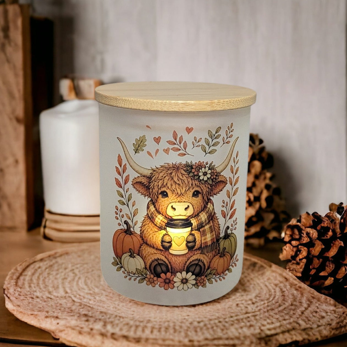 Fall Highland Cow Candle Holder With A Battery Operated Tea Light