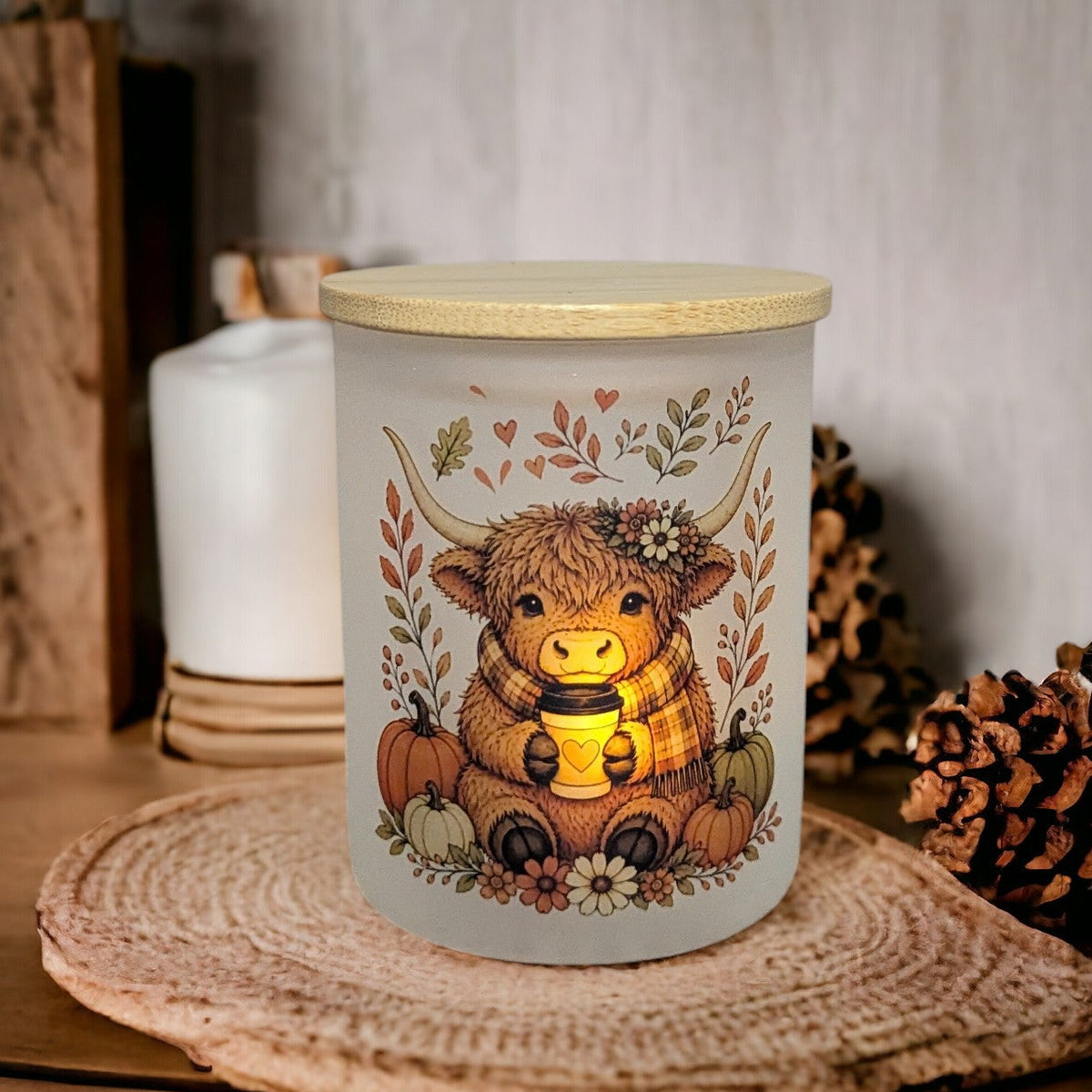 Fall Highland Cow Candle Holder With A Battery Operated Tea Light