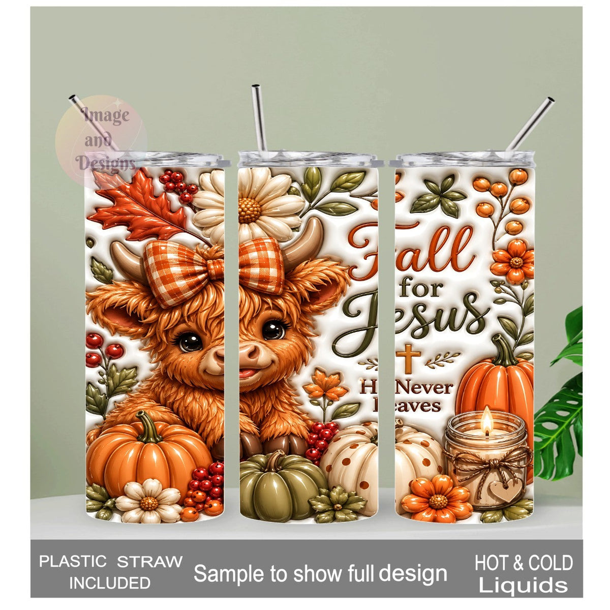 Fall for Jesus Highland Cow Tumbler 20oz With Reusable Straw - 3D Design