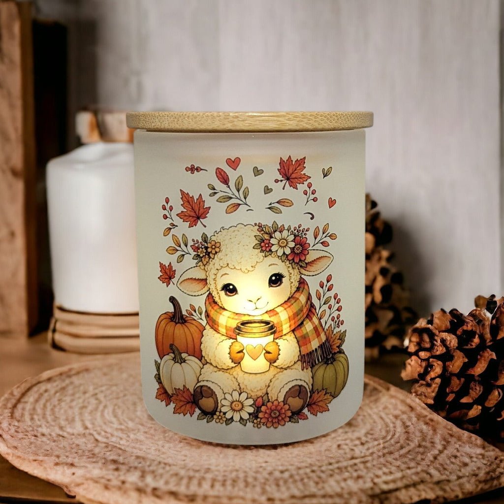 Fall Lamb Candle Holder With A Battery Operated Flickering Tea Light