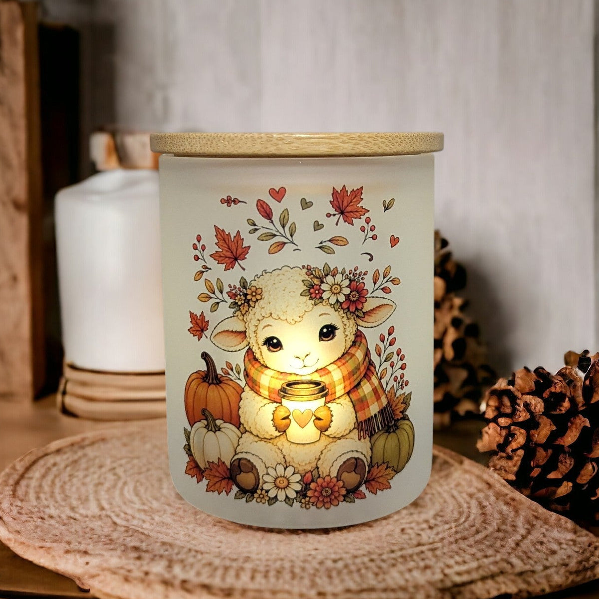 Fall Lamb Candle Holder With A Battery Operated Flickering Tea Light
