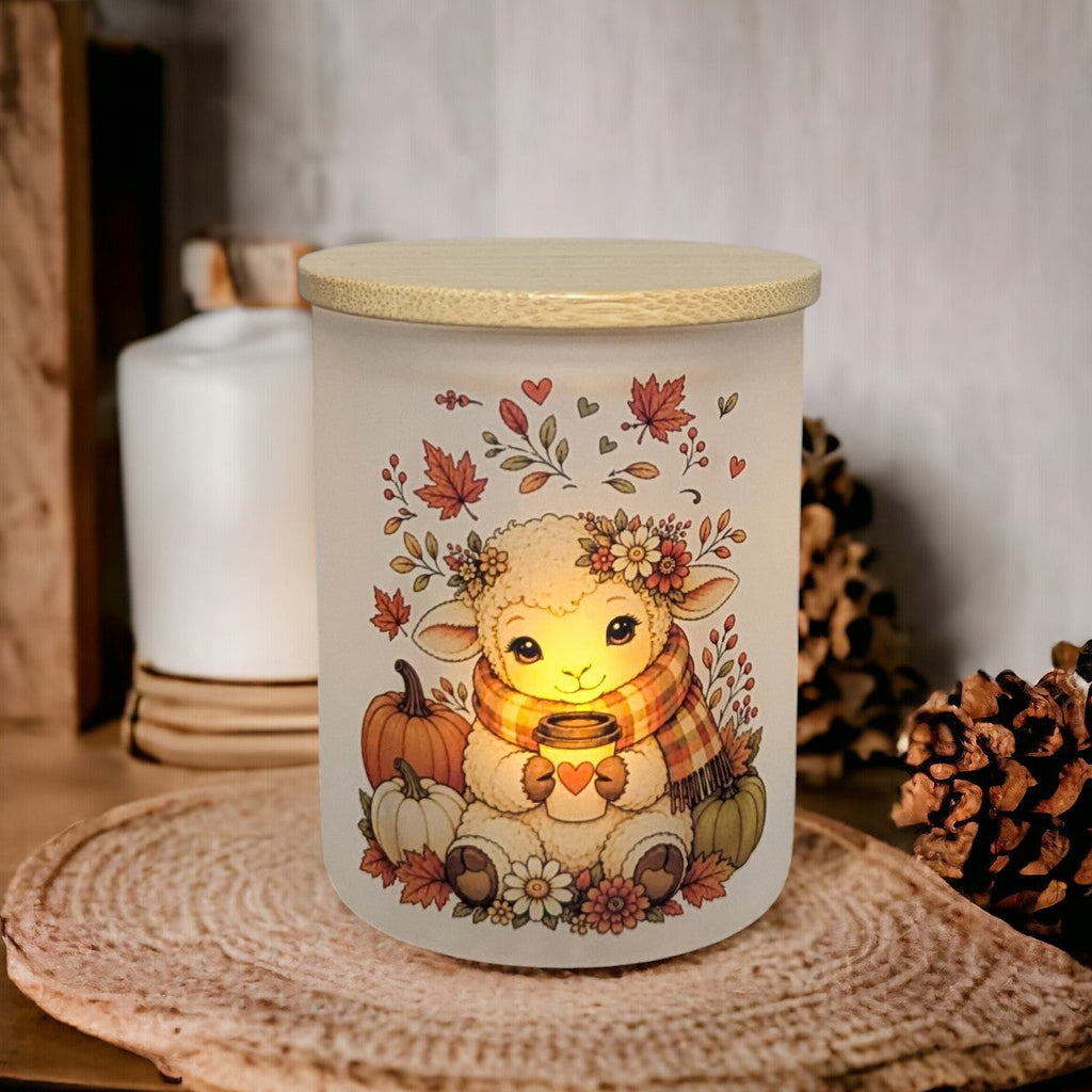 Fall Lamb Candle Holder With A Battery Operated Flickering Tea Light