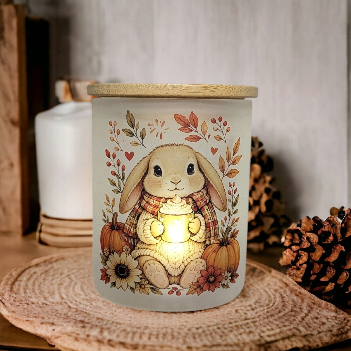 Fall Rabbit Candle Holder With A Battery Operated Flickering Tea Light