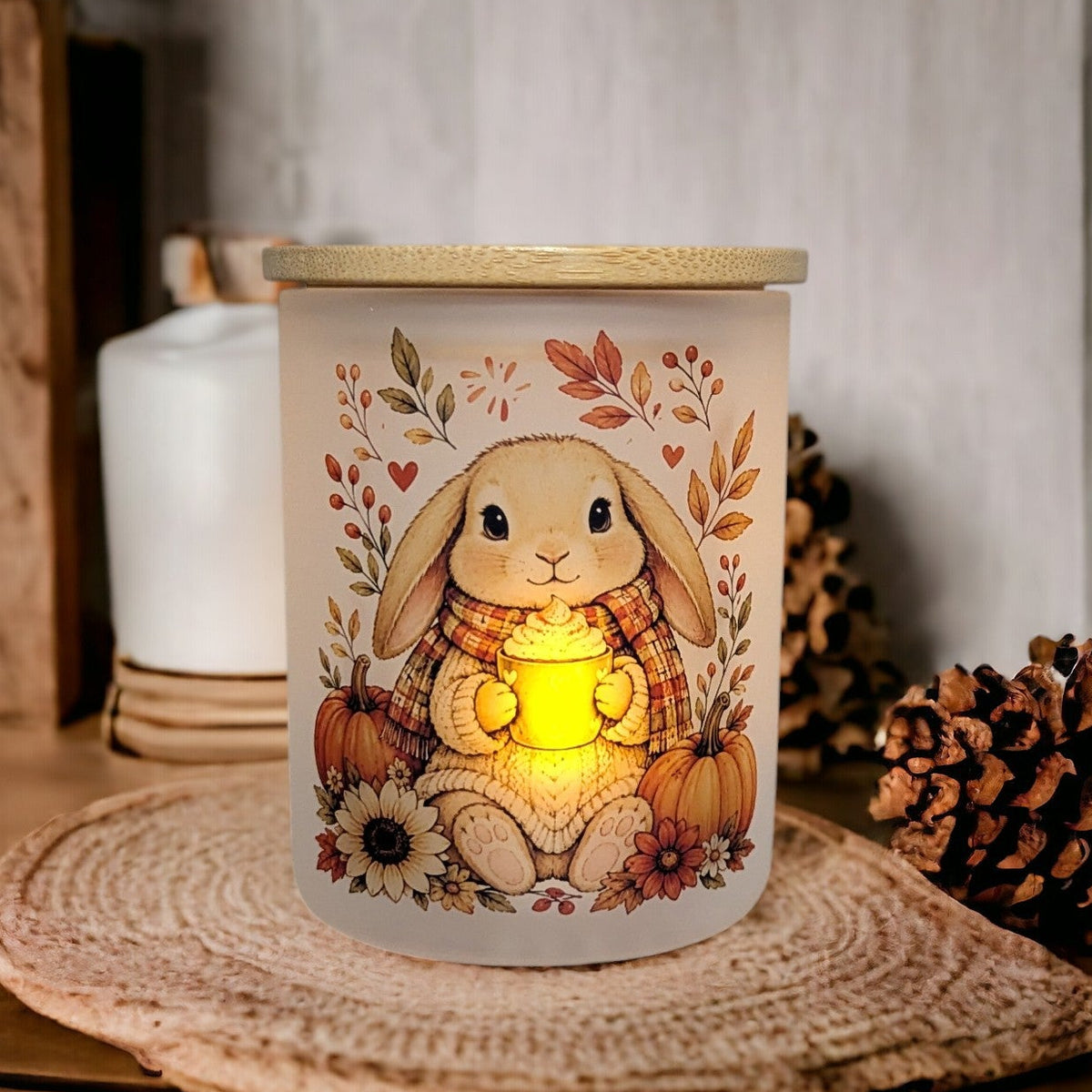 Fall Rabbit Candle Holder With A Battery Operated Flickering Tea Light