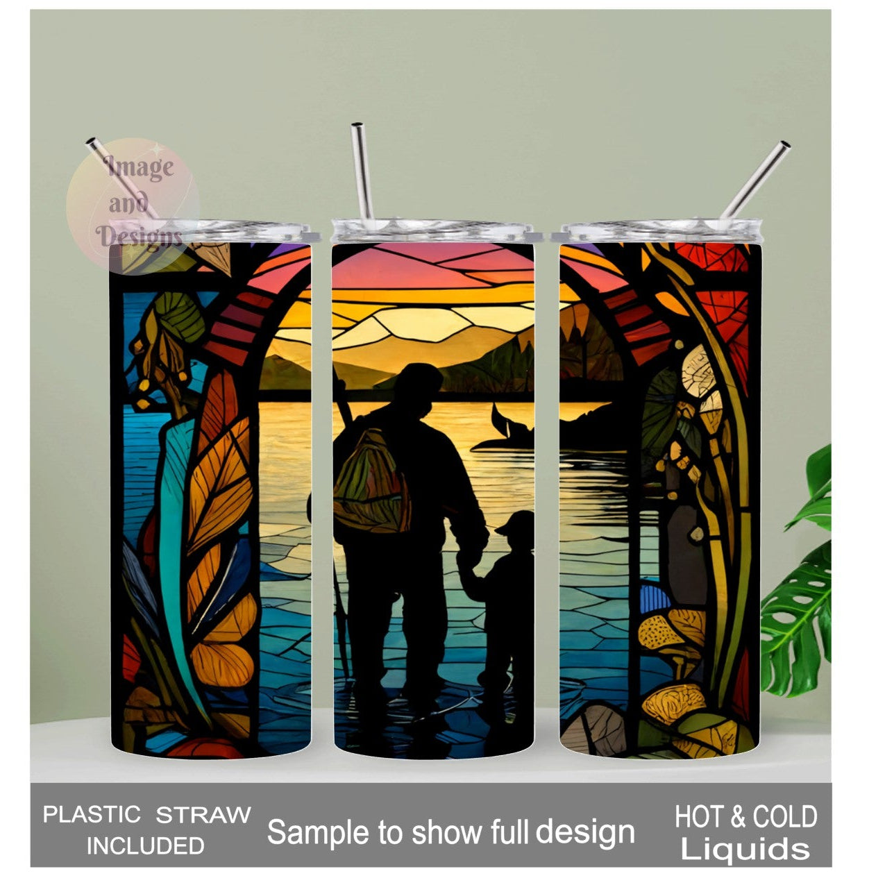 Father and Son Standing By The Lake Stained Glass Design Tumbler 20oz With Reusable Straw, Can Be Personalized