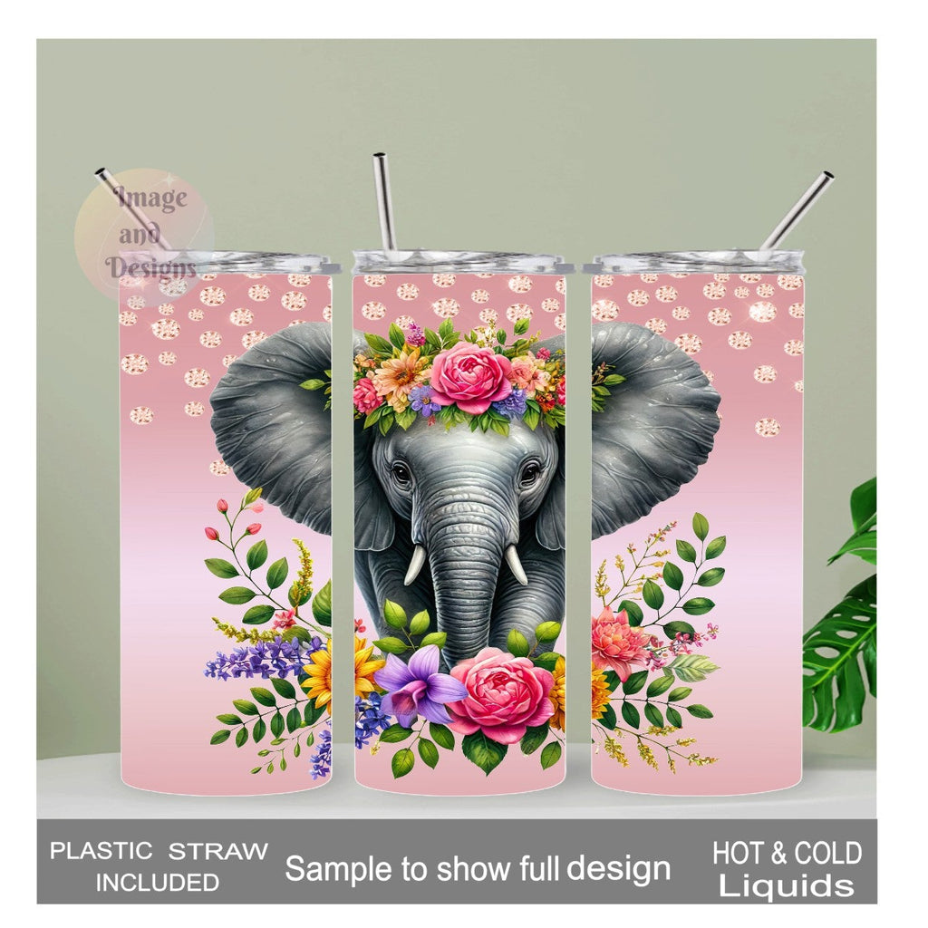 Floral Elephant Tumbler 20oz With Reusable Straw, Can Be Personalized