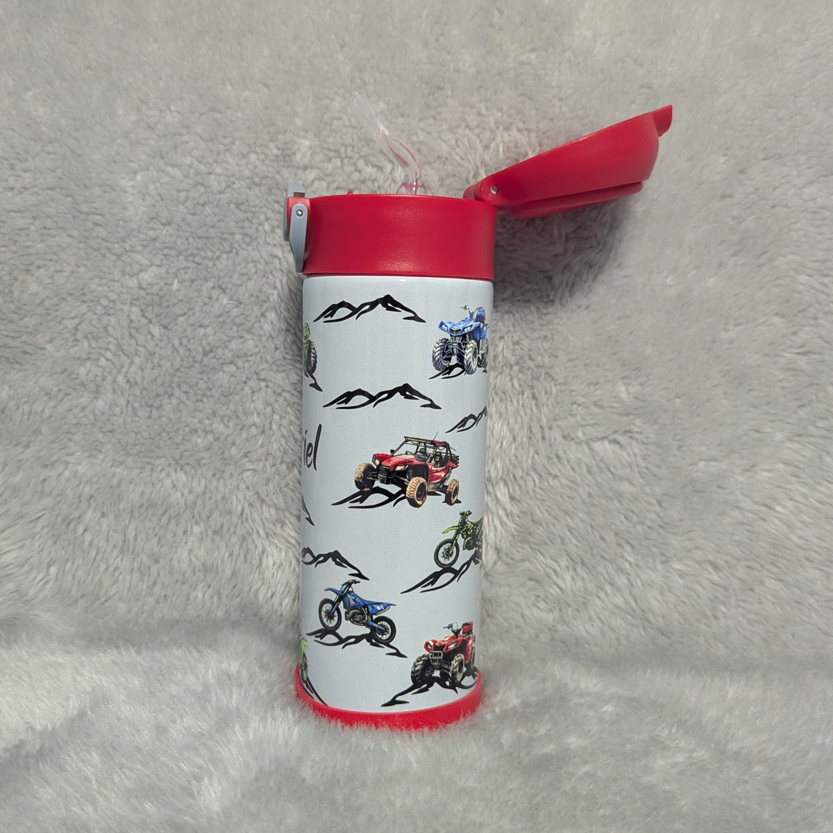 Kids Outdoor Vehicle Water Bottle 12oz With Reusable Straw, Can Be Personalized